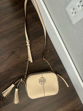 Tory Burch Beige Pebbled Leather Crossbody with Tassels
